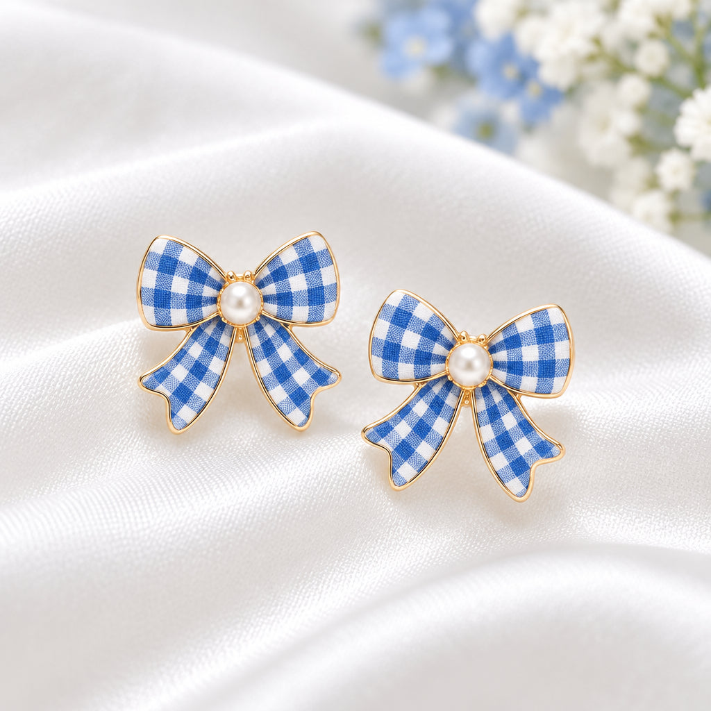 Blue Gingham Bow Earrings