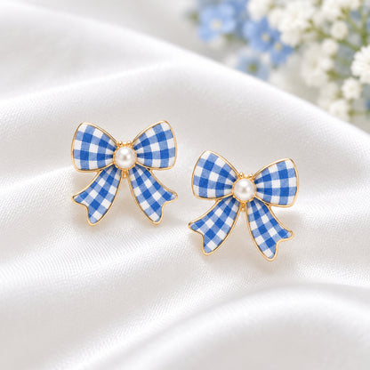 Blue Gingham Bow Earrings