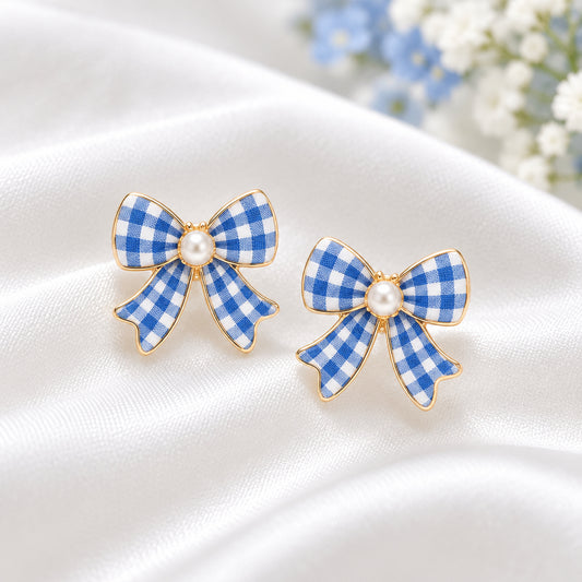 Blue Gingham Bow Earrings