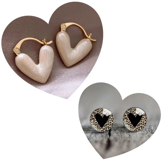 White Heart Hoop and Leopard Print Heart Earrings Bundle