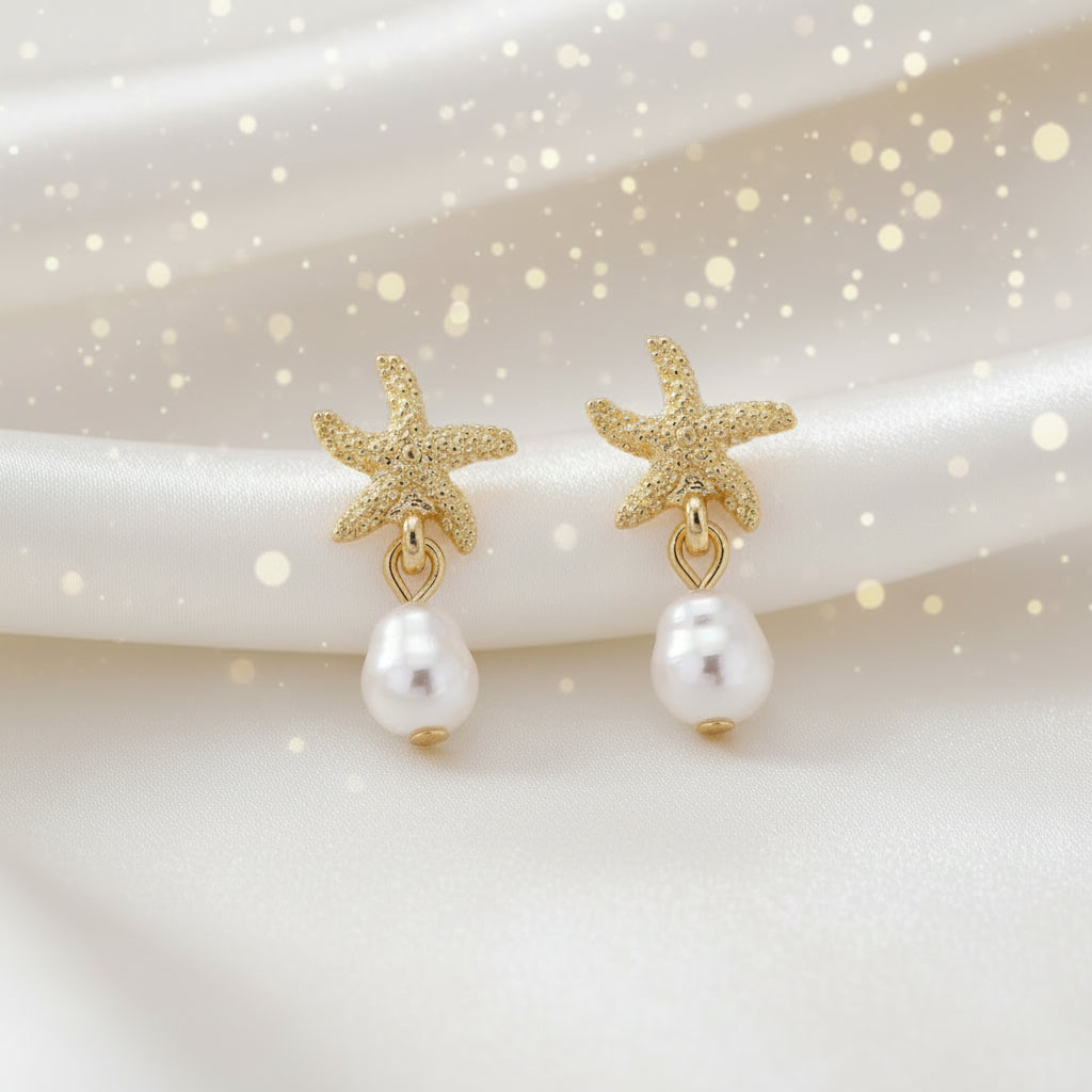 Gold Starfish Pearl Drop Earrings