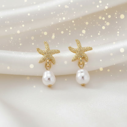 Gold Starfish Pearl Drop Earrings