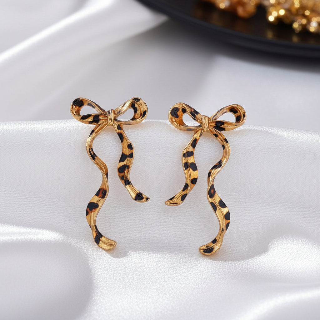Leopard Print Ribbon Bow Earrings