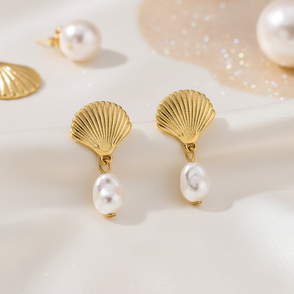Gold Seashell Pearl Drop Earrings
