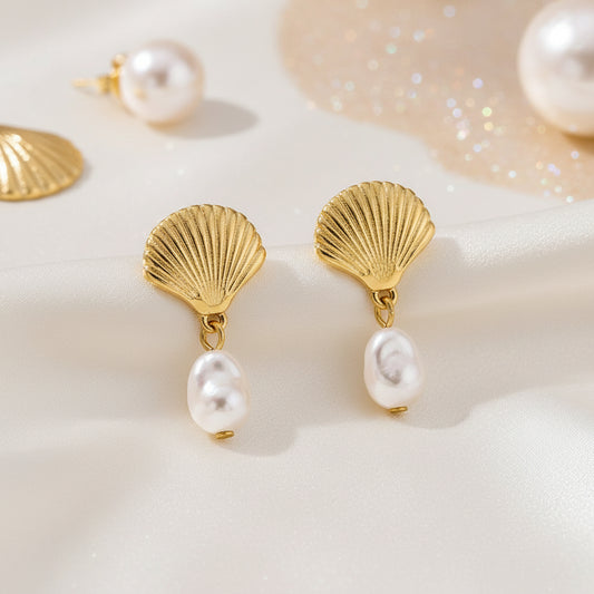 Gold Seashell Pearl Drop Earrings