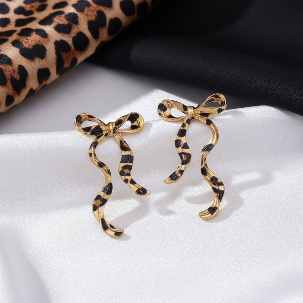 Leopard Print Ribbon Bow Earrings