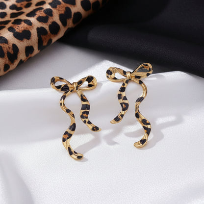 Leopard Print Ribbon Bow Earrings