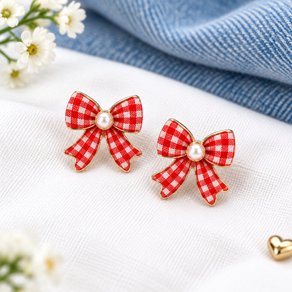 Red Gingham Bow Earrings