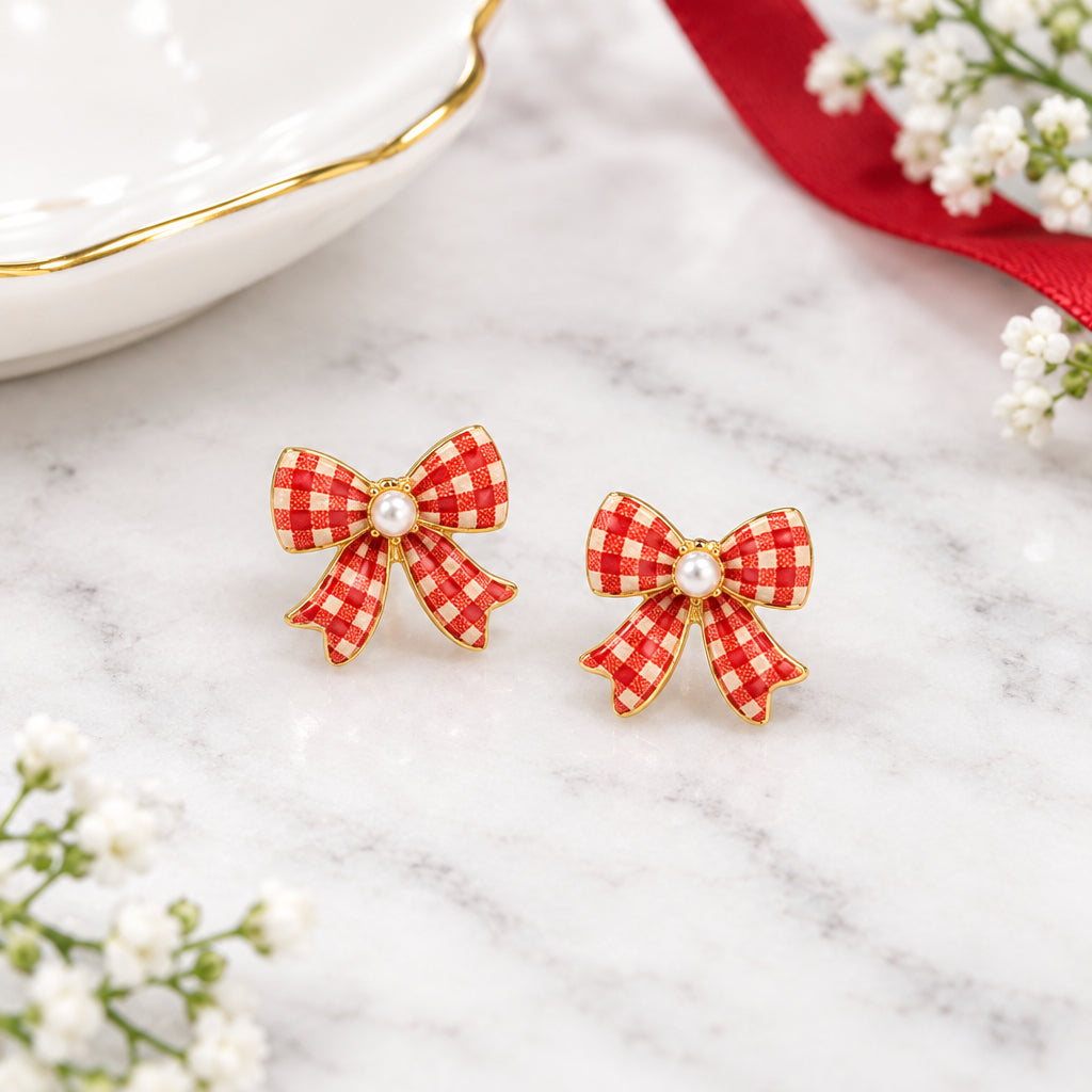 Red Gingham Bow Earrings