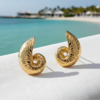 Gold Nautilus Shell Statement Earrings