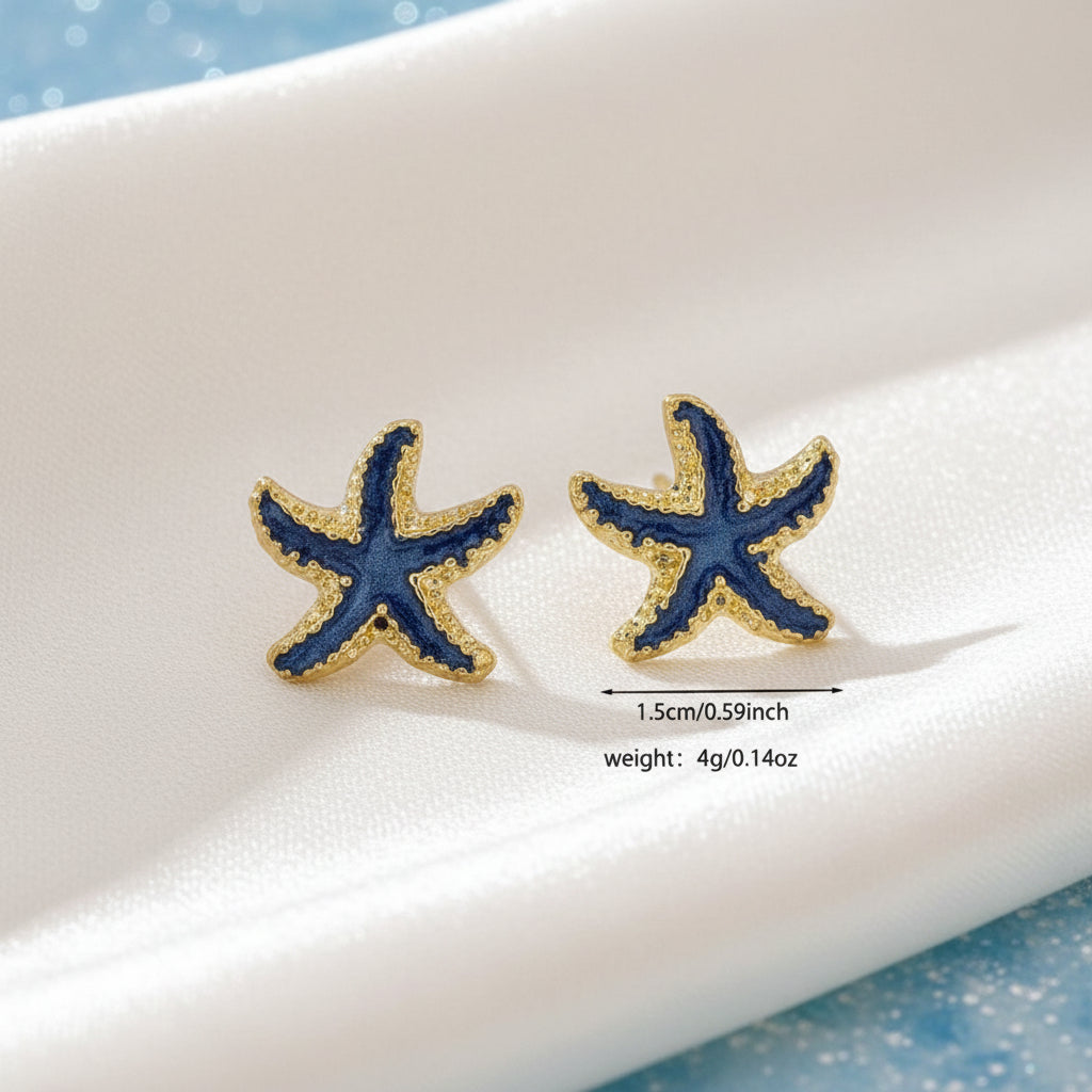 Ocean Blue Starfish Earrings with gold accents on a white background, showing dimensions