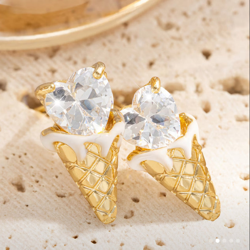 Crystal Heart Ice Cream Cone Earrings