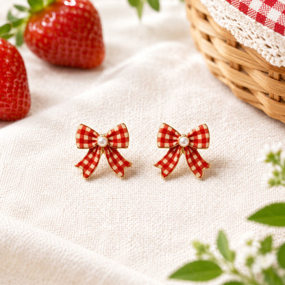 Red Gingham Bow Earrings