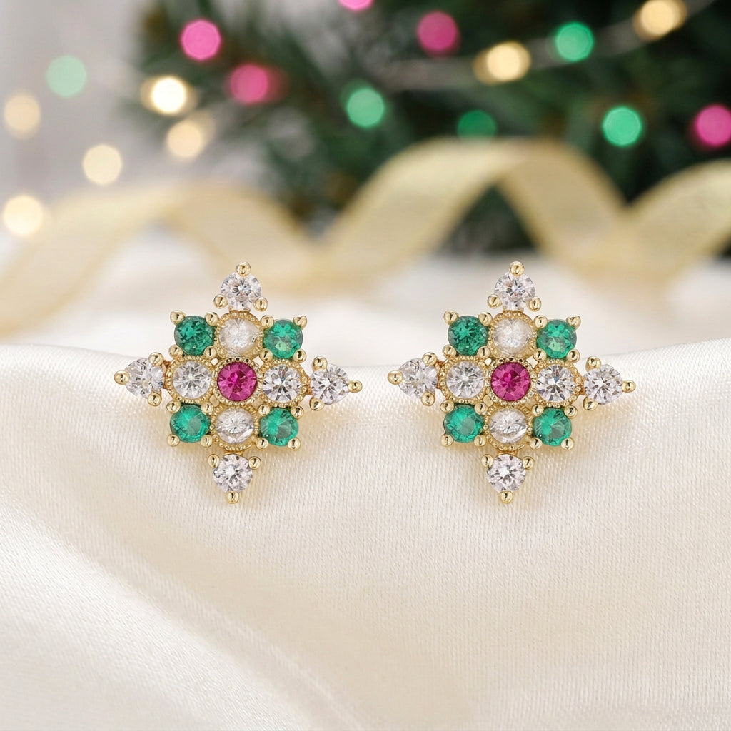 Pink & Green Crystal Starburst Earrings