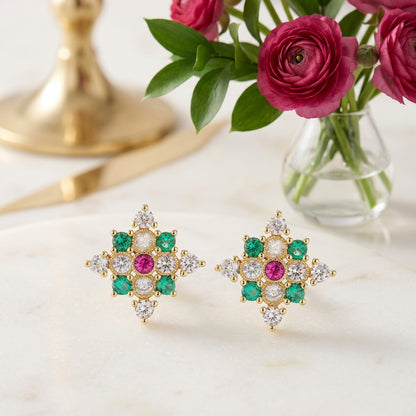 Pink & Green Crystal Starburst Earrings
