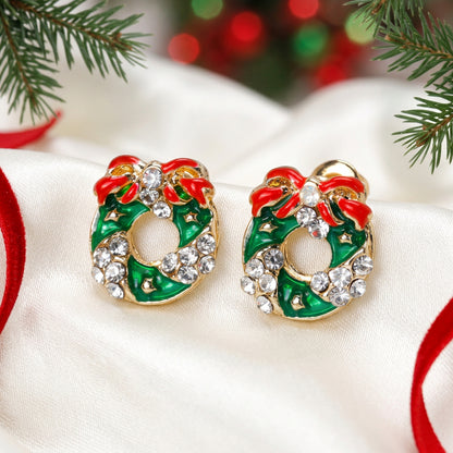 Red Bow Christmas Wreath Earrings