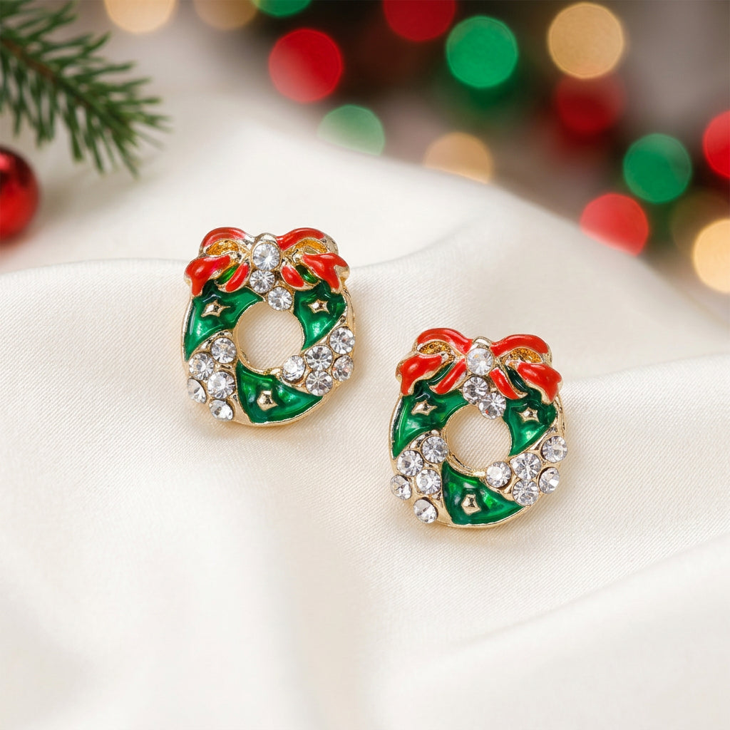 Red Bow Christmas Wreath Earrings