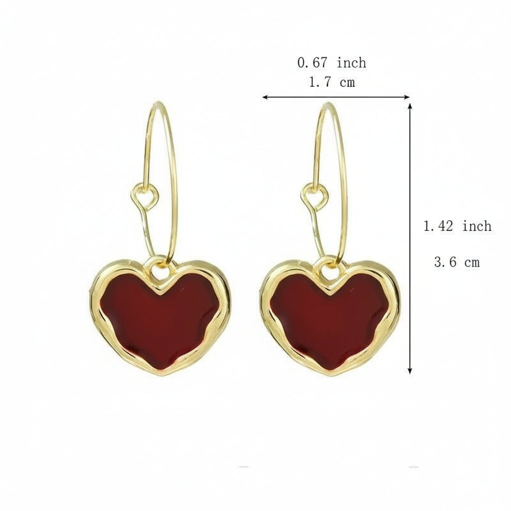 Ruby Heart Hoop Earrings with gold frames and red hearts, shown with measurements on a white background.