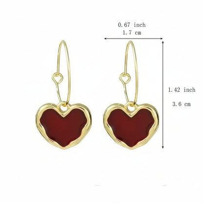 Ruby Heart Hoop Earrings with gold frames and red hearts, shown with measurements on a white background.