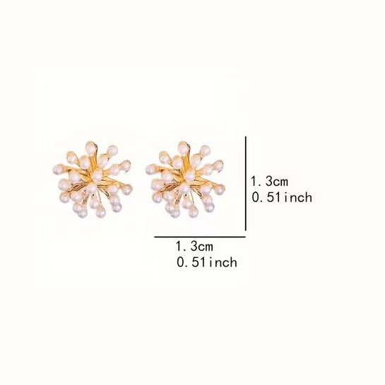 Gold Burst Pearl Earrings with measurements on a white background