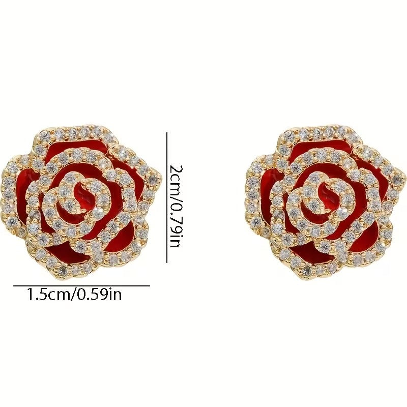 Rhinestone Rose Earrings with gold accents and measurements on a white background