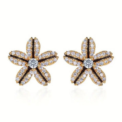 Black & Gold Rhinestone Flower Earrings with gemstones on a white background