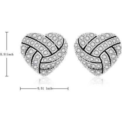 Silver & Black Rhinestone Heart Stud Earrings with a lattice design and clear stones, shown with measurements on a white background.