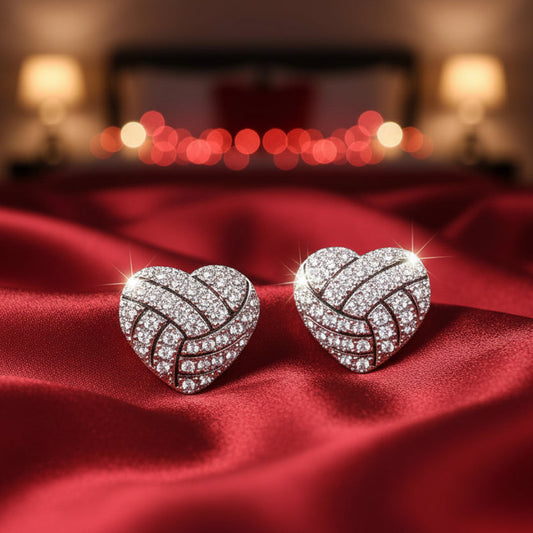 Silver & Black Rhinestone Heart Stud Earrings with a lattice design and clear stones, shown with measurements on a white background.