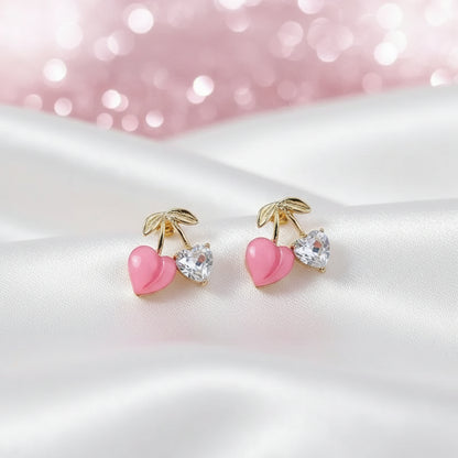 Pink Cherry & Crystal Heart Earrings on white