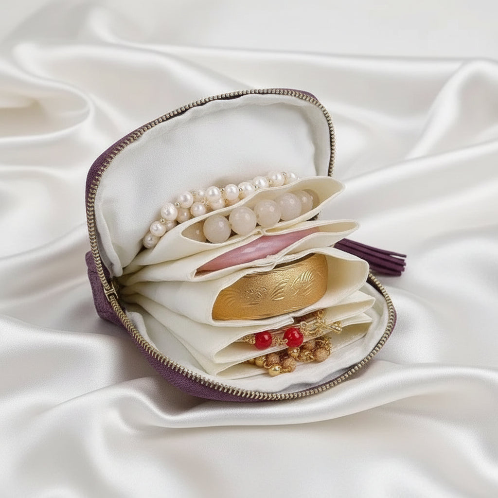 Purple Starcella Jewelry Organizer Travel Case with a tassel with set with pearls, red beads, and gold elements on a white fabric background
