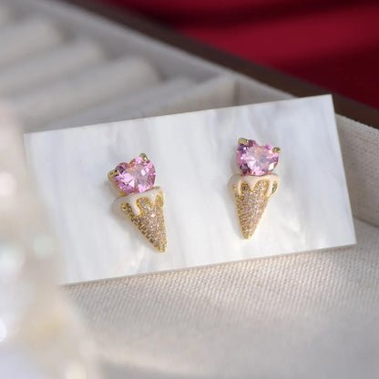 Pink Heart Ice Cream Cone Earrings with pink gemstones on a white card.