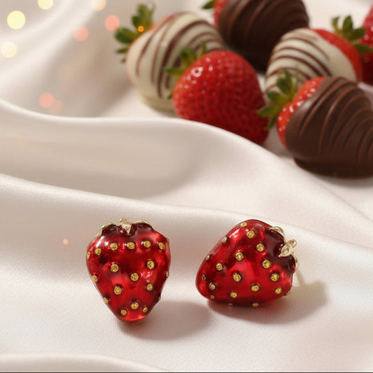 Ruby Red Strawberry Earrings with chocolate covered strawberries