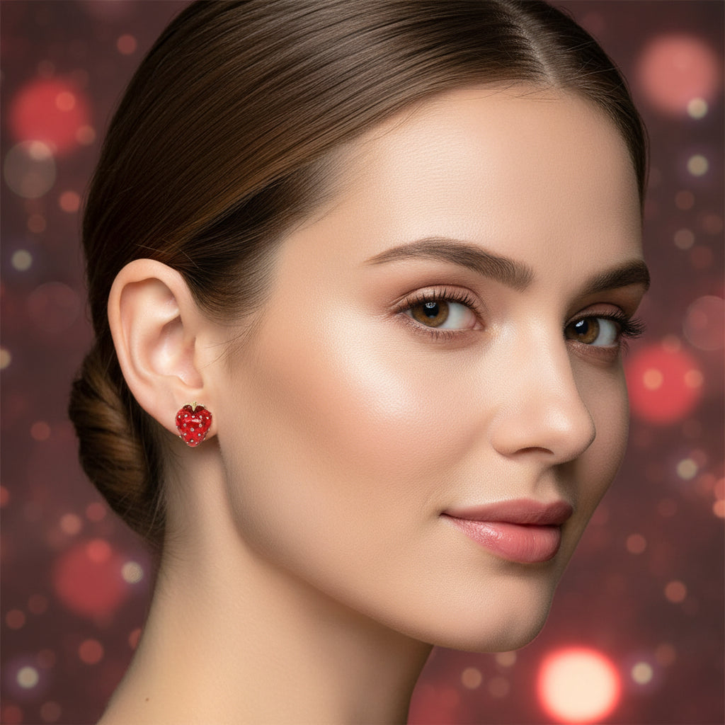 Close-up of a woman wearing Ruby Red Strawberry Earrings with a blurred bokeh background.