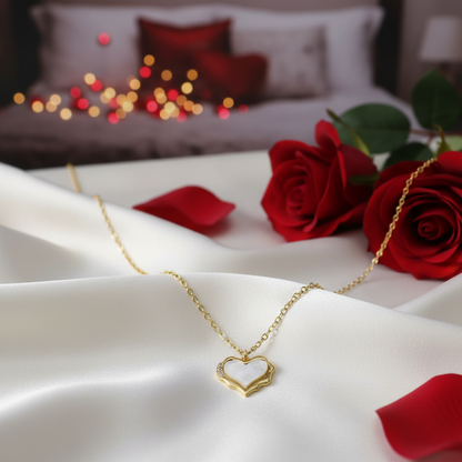 Gold Heart Mother of Pearl Necklace on white background with hearts