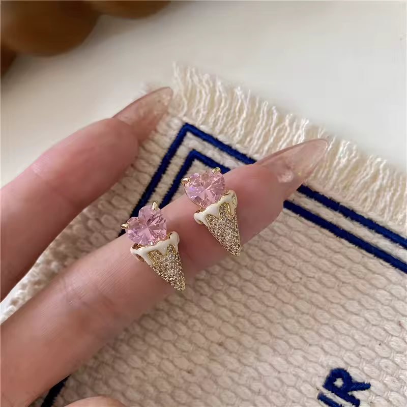 Pink Heart Ice Cream Cone Earrings