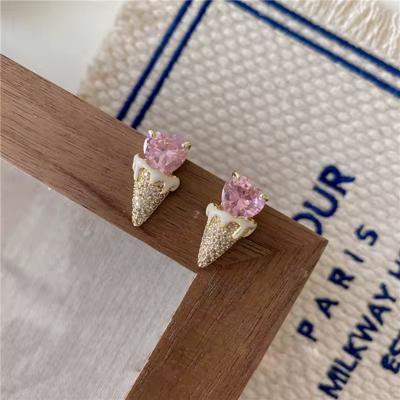 Pink Heart Ice Cream Cone Earrings