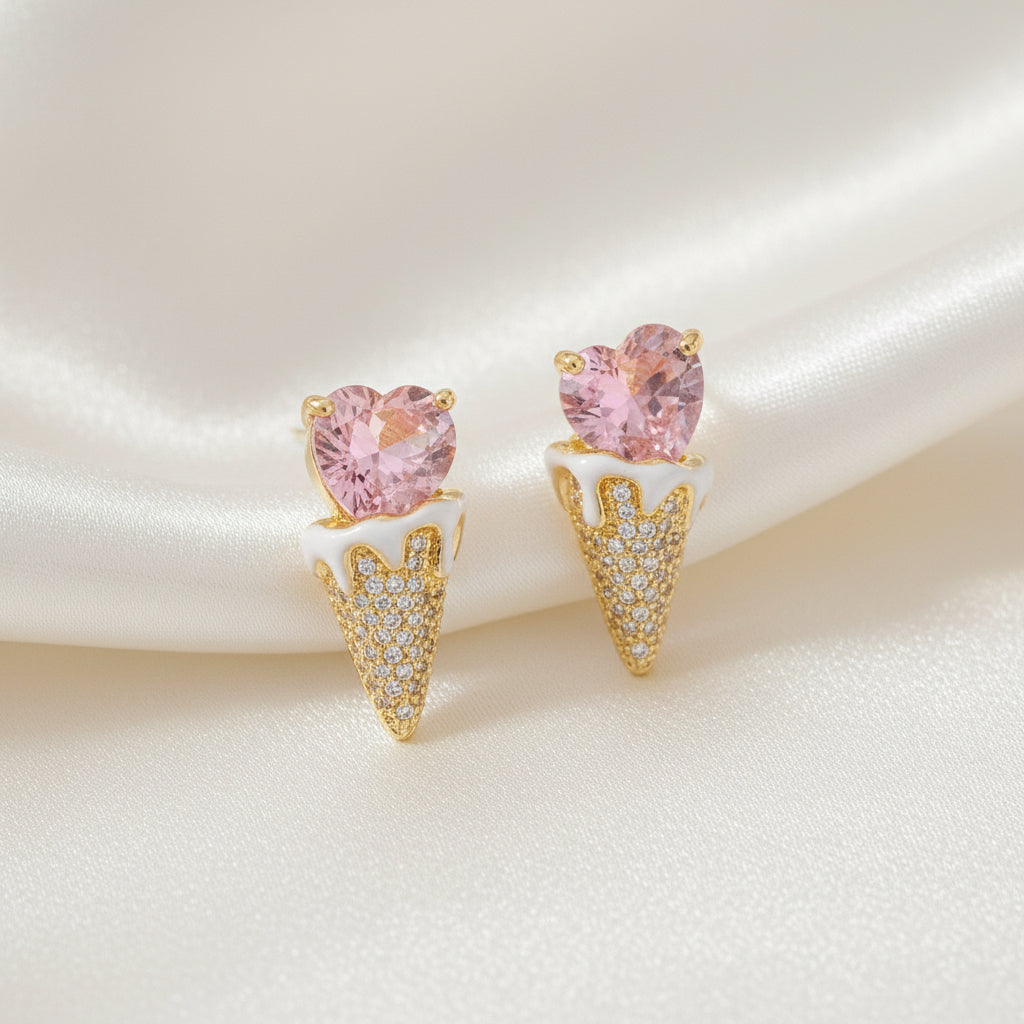 Pink Heart Ice Cream Cone Earrings with pink gemstones on a soft white background