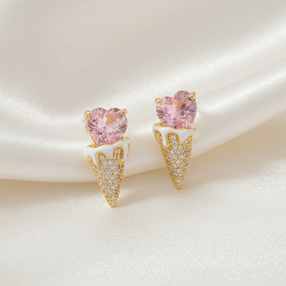 Pink Heart Ice Cream Cone Earrings with pink gemstones on a soft white background