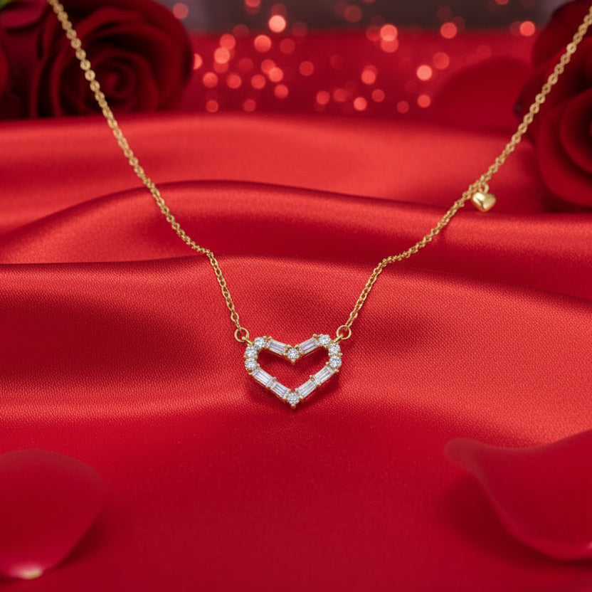 Zircon Double Heart Necklace with a heart-shaped pendant on a red fabric background