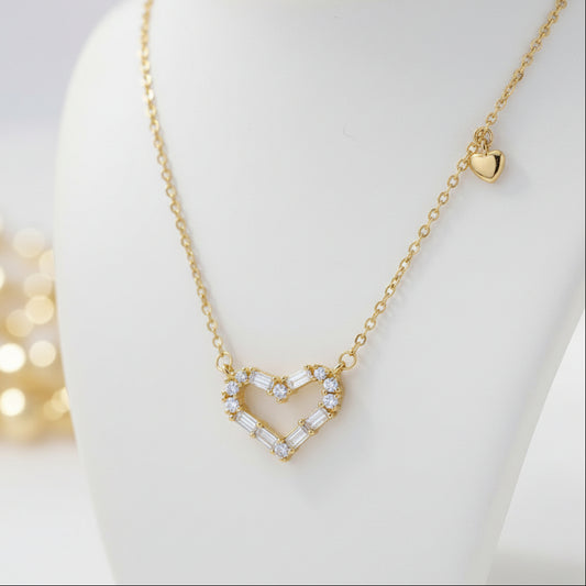 Zircon Double Heart Necklace with a heart-shaped pendant on a black background