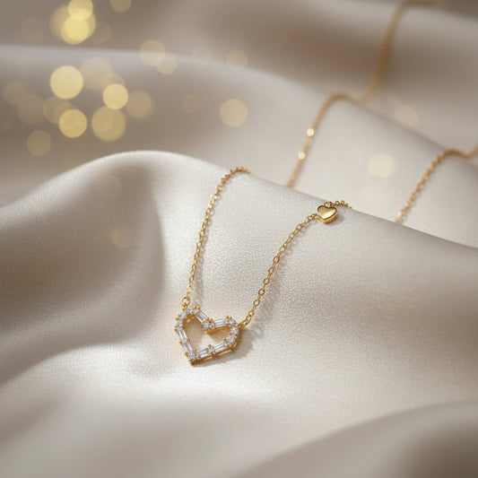 Zircon Double Heart Necklace with a heart-shaped pendant on red fabric