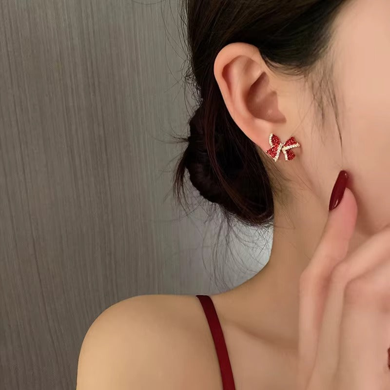 Red Rhinestone Bow Earrings