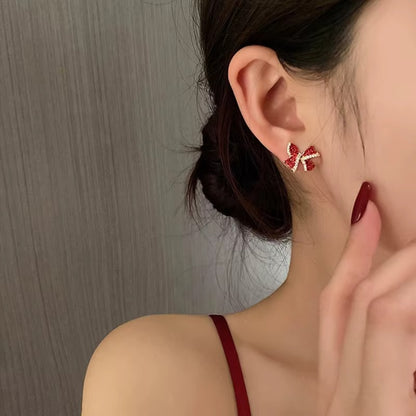 Red Rhinestone Bow Earrings