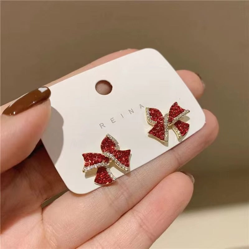 Red Rhinestone Bow Earrings