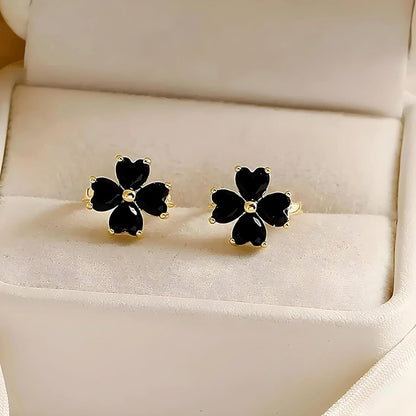Black Flower Petal Hoop Earrings on a white jewelry display box