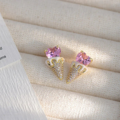 Pink Heart Ice Cream Cone Earrings
