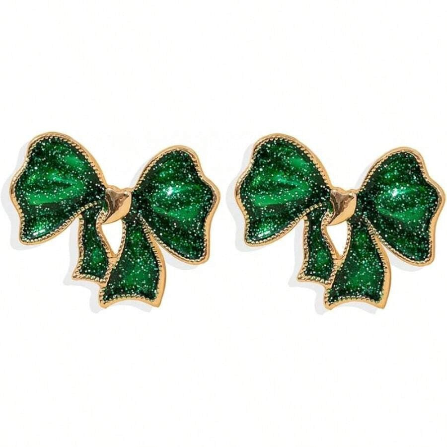 Emerald Glitter Bow Earrings on a white background