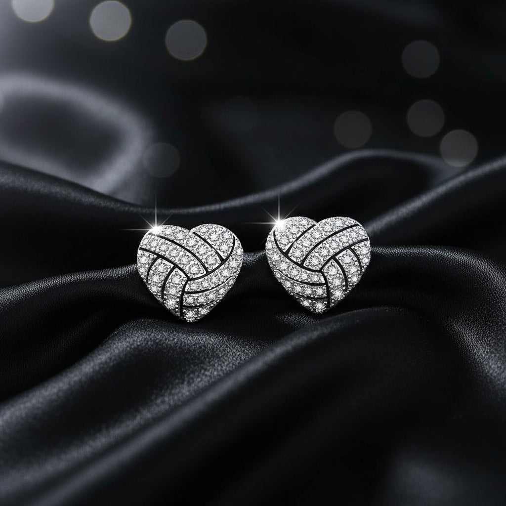Silver & Black Rhinestone Heart Stud Earrings with a wavy line design on a white background