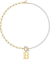 Load image into Gallery viewer, B Initial Pearl Paperclip Necklace