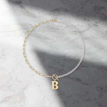 Load image into Gallery viewer, B Initial Pearl Paperclip Necklace